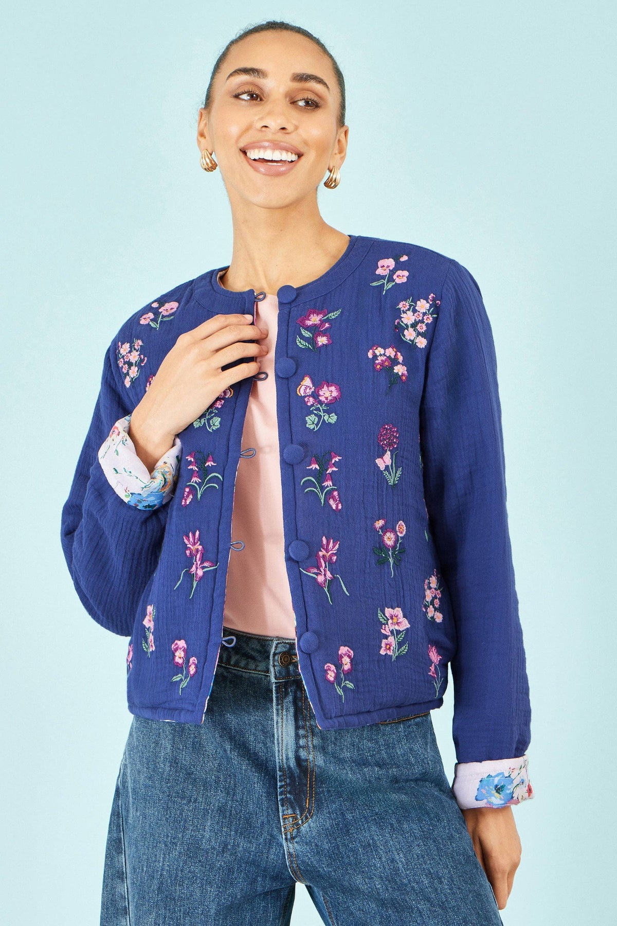 Yumi Blue Floral Embroidery Cotton Jacket: Blue / 12