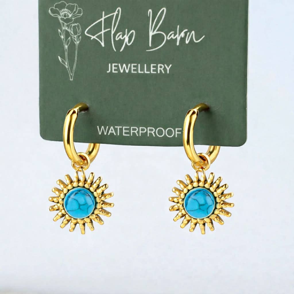 Tarnish Resistant Blue Sunburst Huggies: Gold