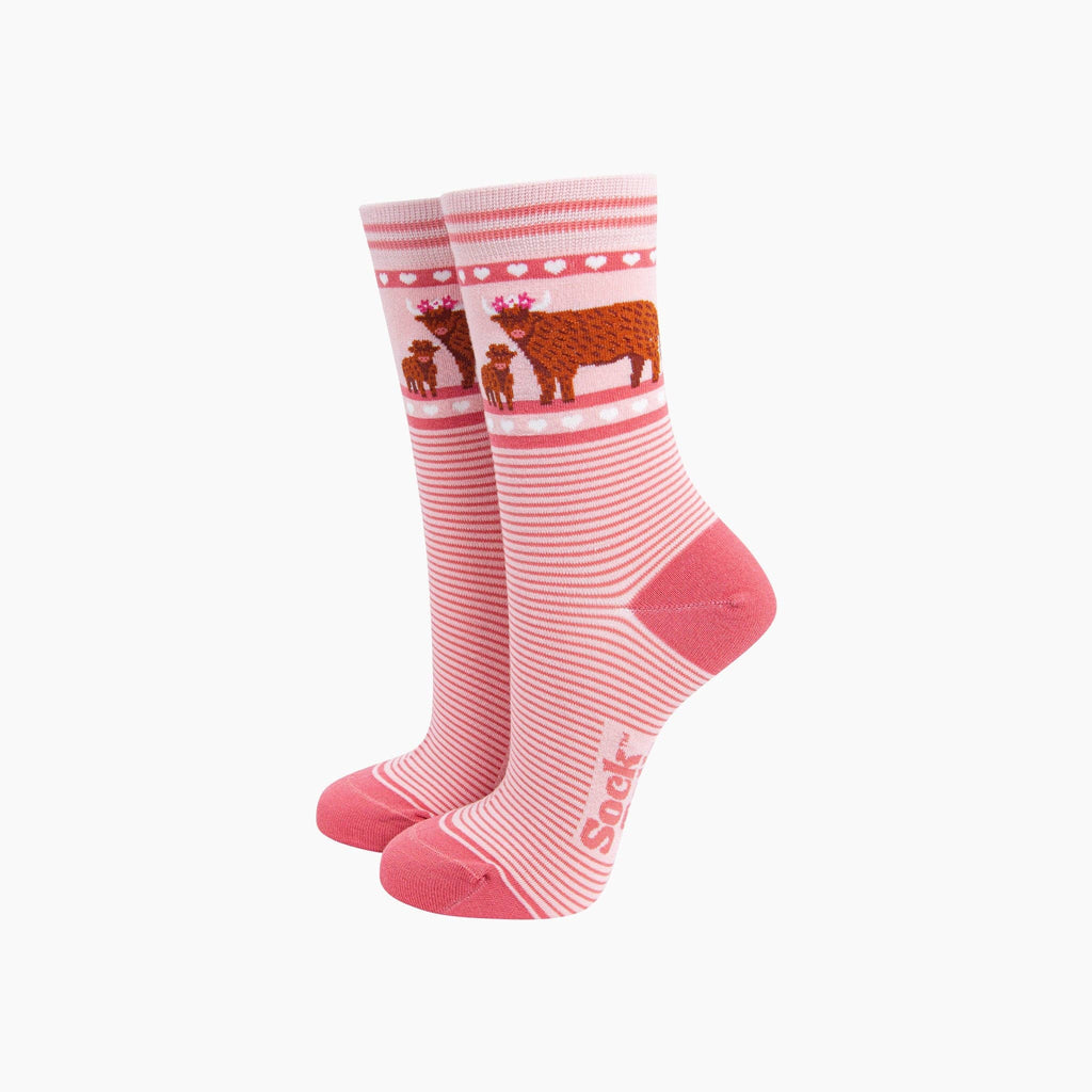 Highland Cow Calf Striped Bamboo Socks in Pink: UK 3-7 | EU 36-40 | US 5-9