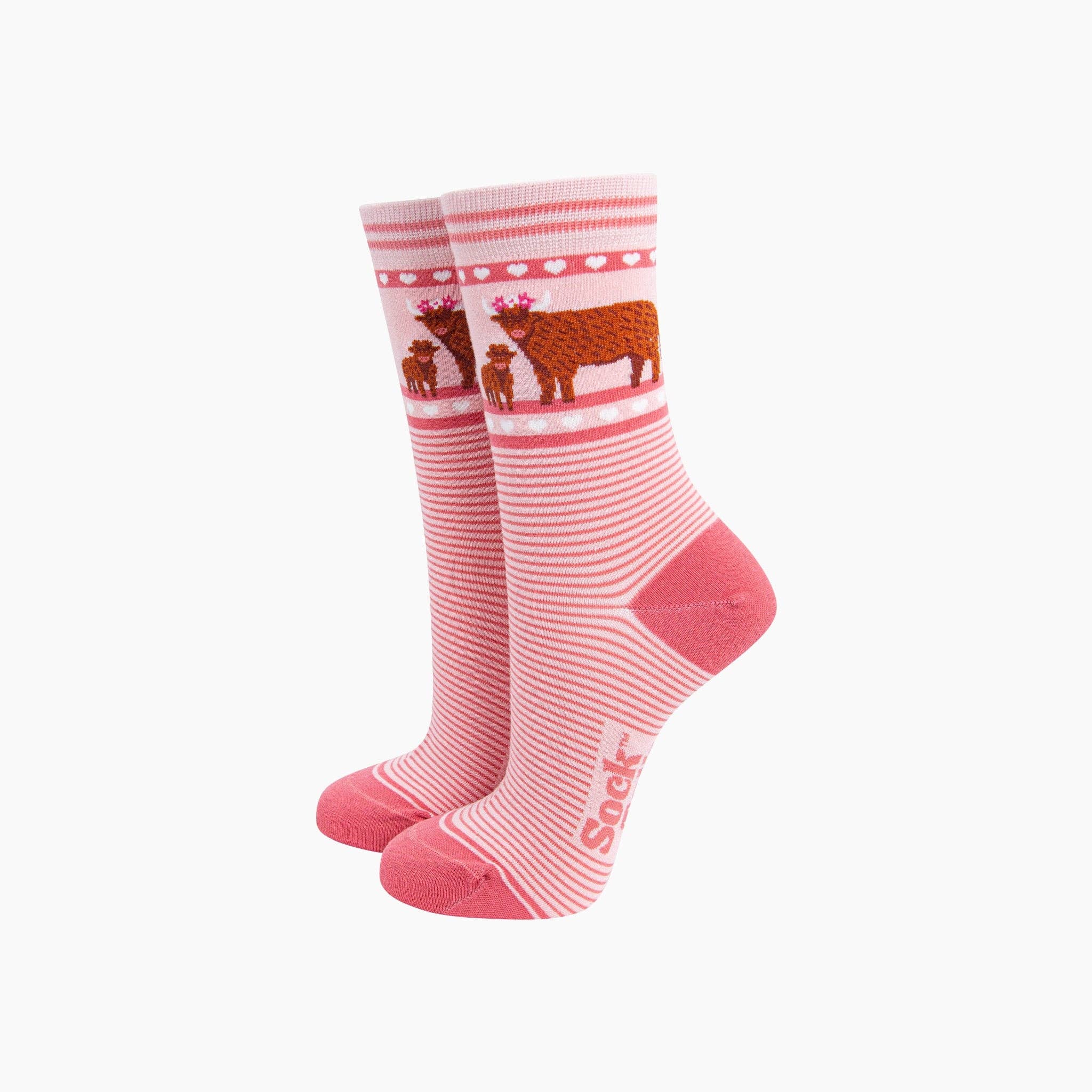 Highland Cow Calf Striped Bamboo Socks in Pink: UK 3-7 | EU 36-40 | US 5-9