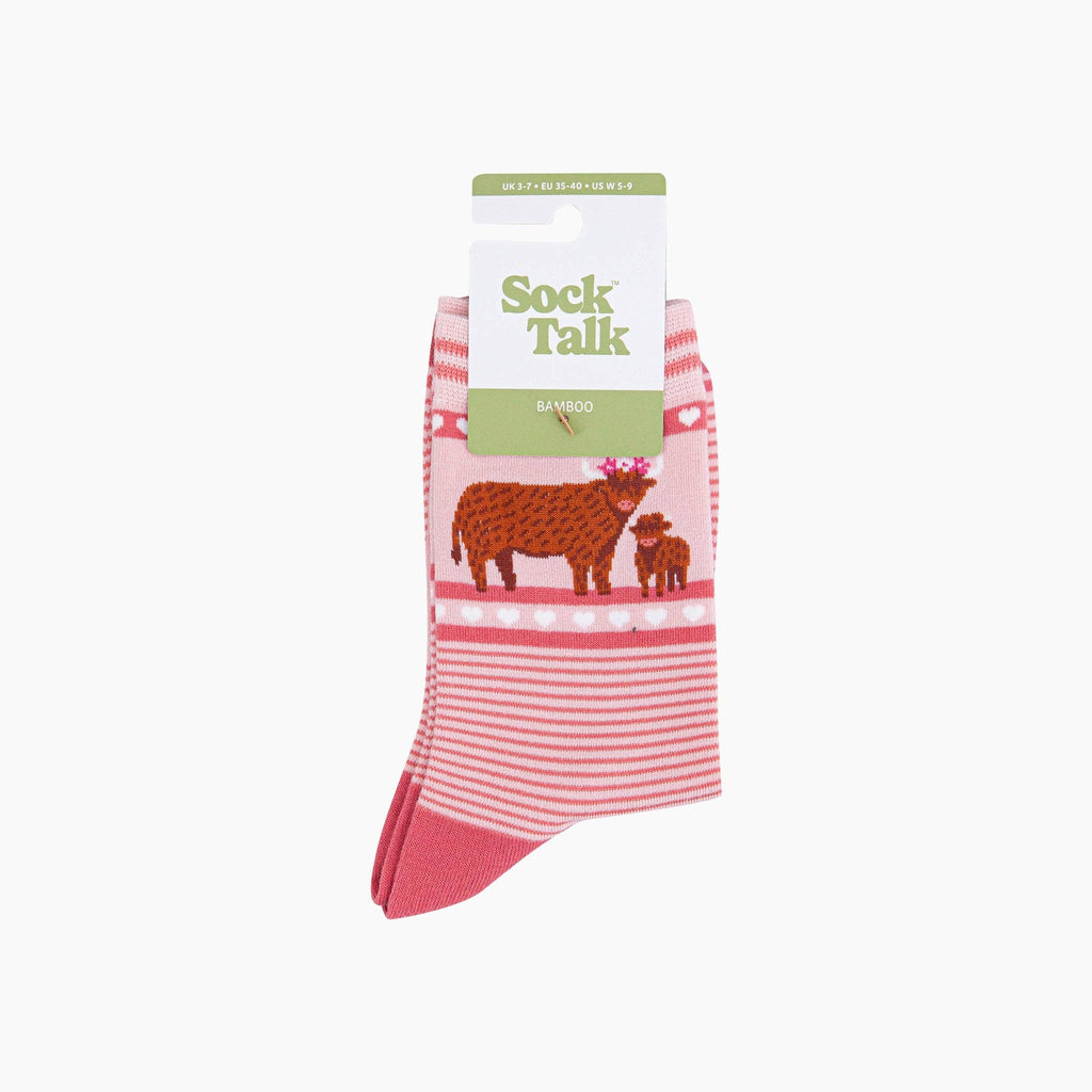 Highland Cow Calf Striped Bamboo Socks in Pink: UK 3-7 | EU 36-40 | US 5-9