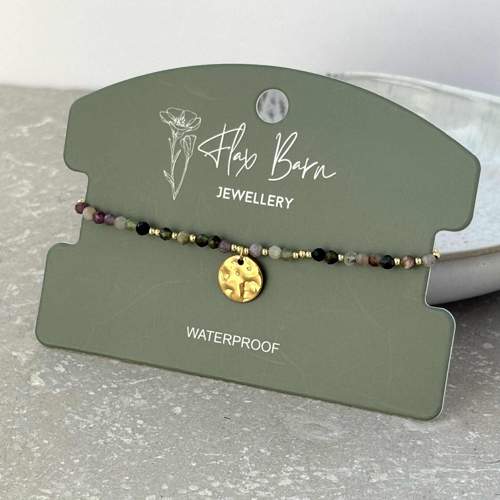 Tarnish Resistant Beaded Bracelet With Hammered Disk: Multicolor