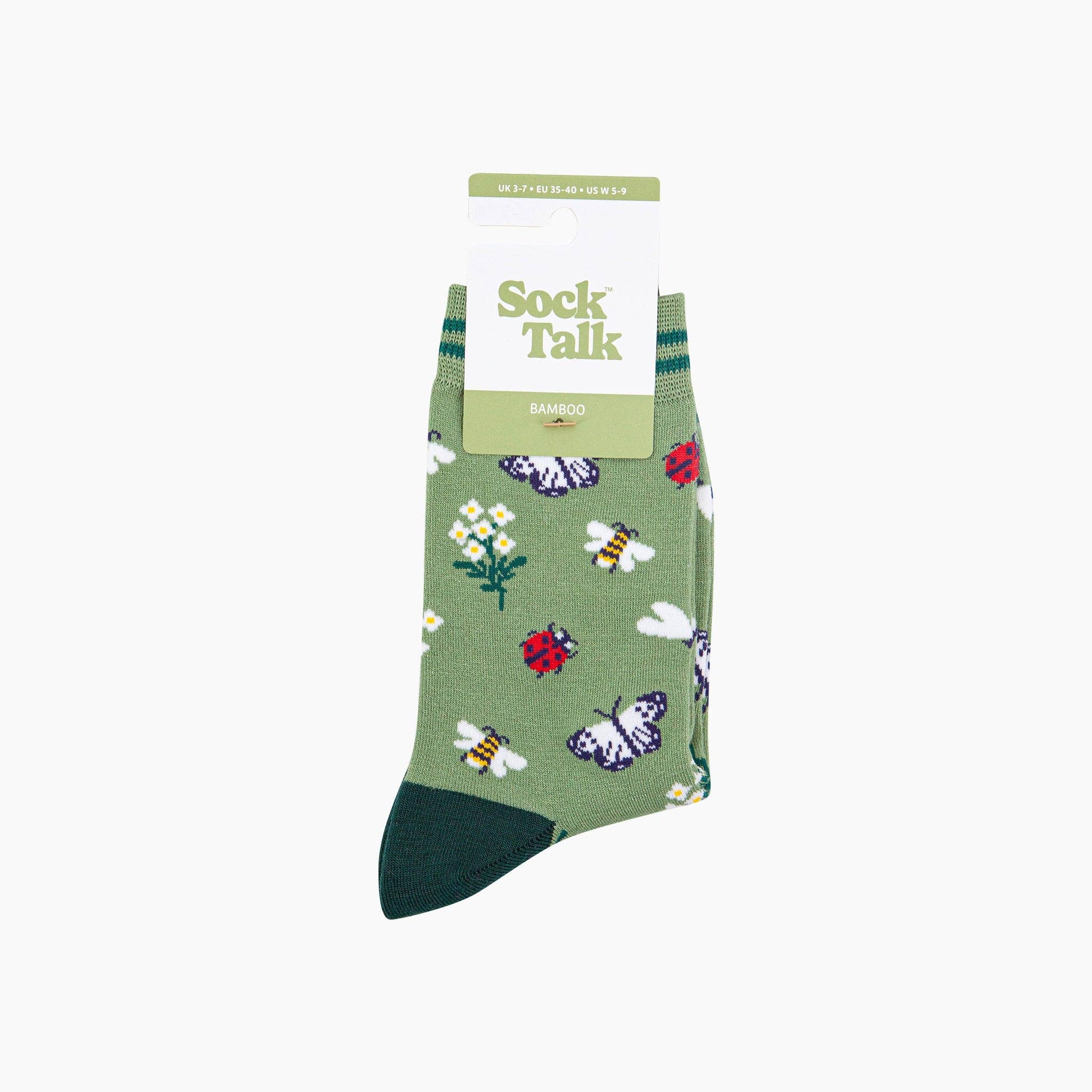 Garden Ladybird & Butterfly Bamboo Socks in Green: UK 3-7 | EU 36-40 | US 5-9