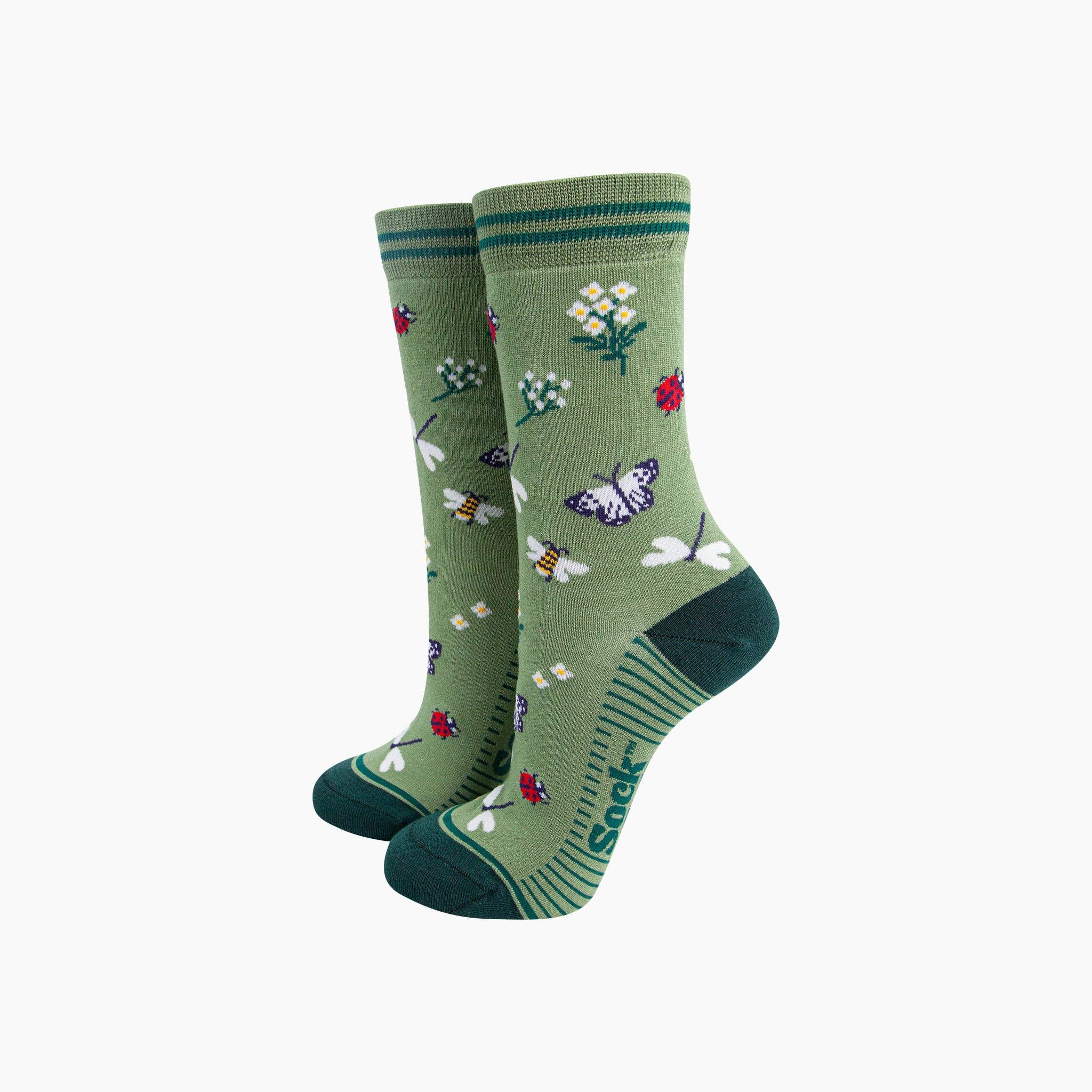 Garden Ladybird & Butterfly Bamboo Socks in Green: UK 3-7 | EU 36-40 | US 5-9