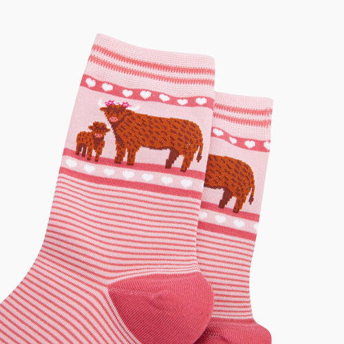 Highland Cow Calf Striped Bamboo Socks in Pink: UK 3-7 | EU 36-40 | US 5-9