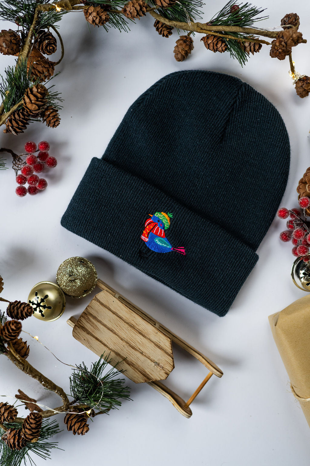 Kids Christmas Bird Embroidered Beanie Hat - Navy