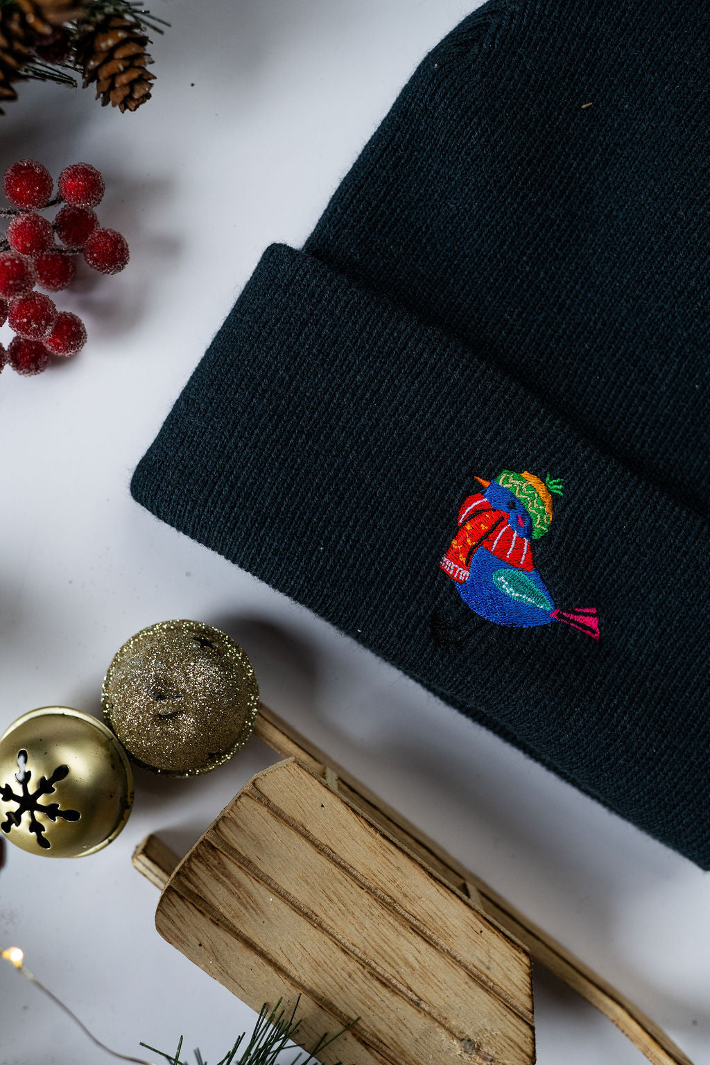 Kids Christmas Bird Embroidered Beanie Hat - Navy