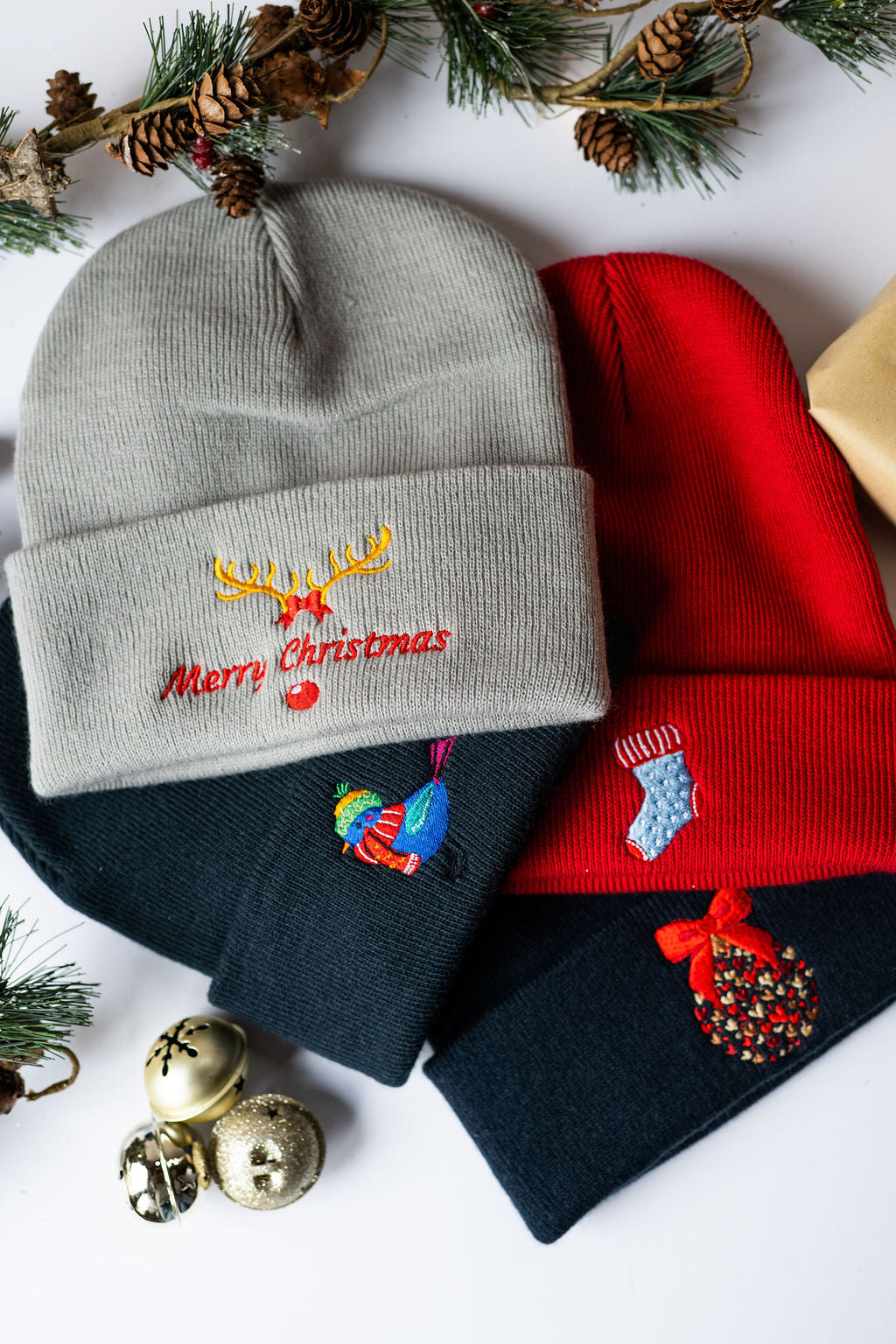 Kids Christmas Bird Embroidered Beanie Hat - Navy