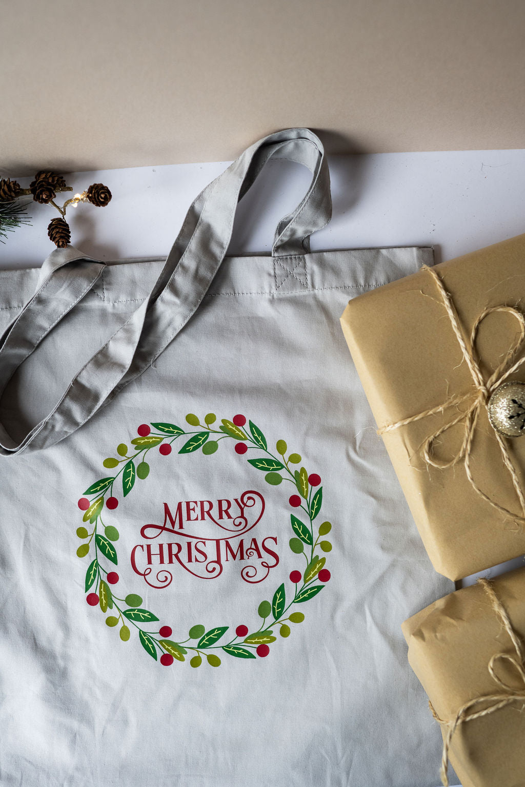 Christmas Wreath Tote Bag - Light Grey