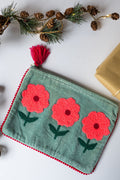 Velvet Triple Flower pattern pouch with stitched detail and tassel on zip
