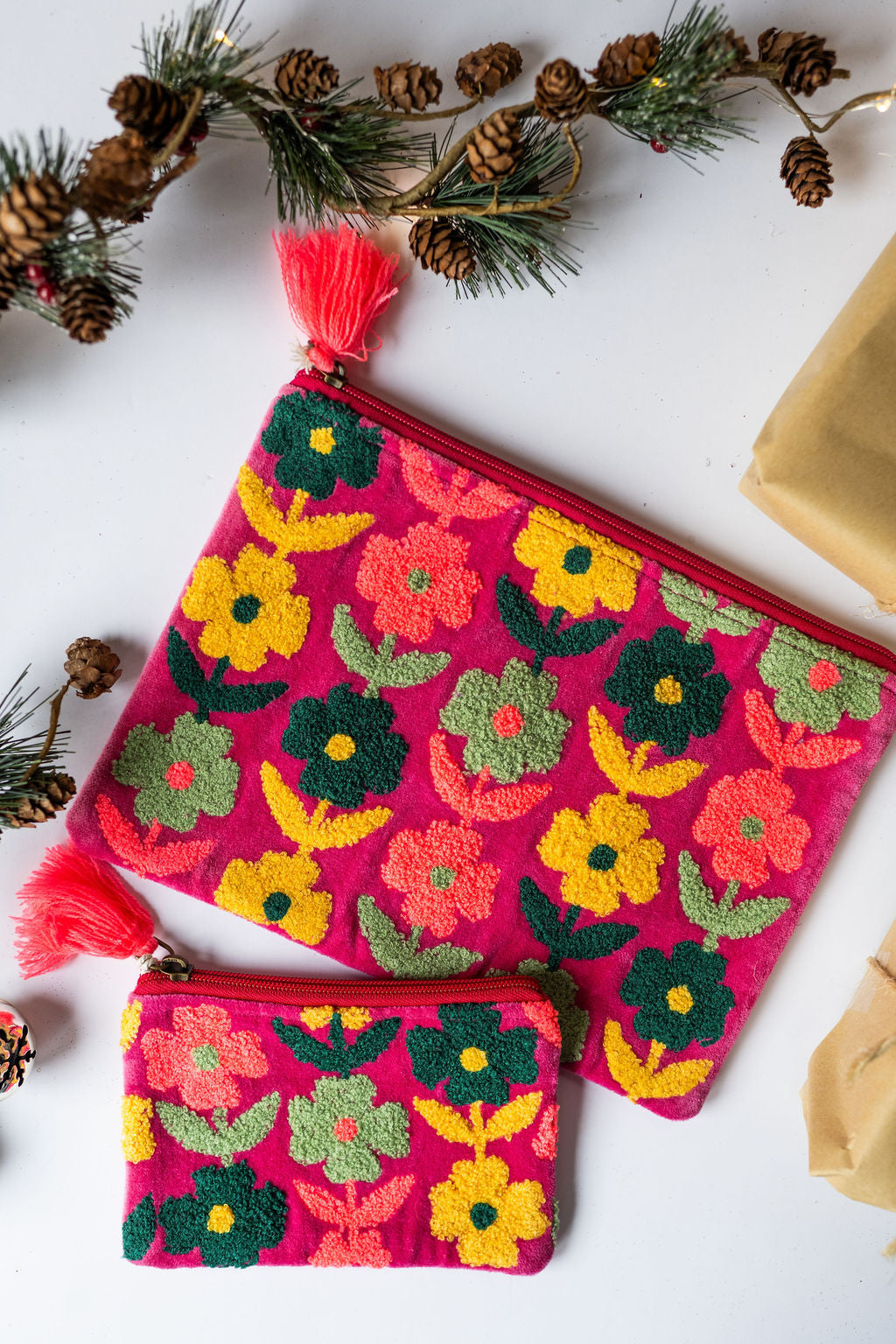 Velvet Multi Flower pattern pouch with stitched detail and tassel on zip