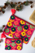 Velvet Multi Flower pattern pouch with stitched detail and tassel on zip