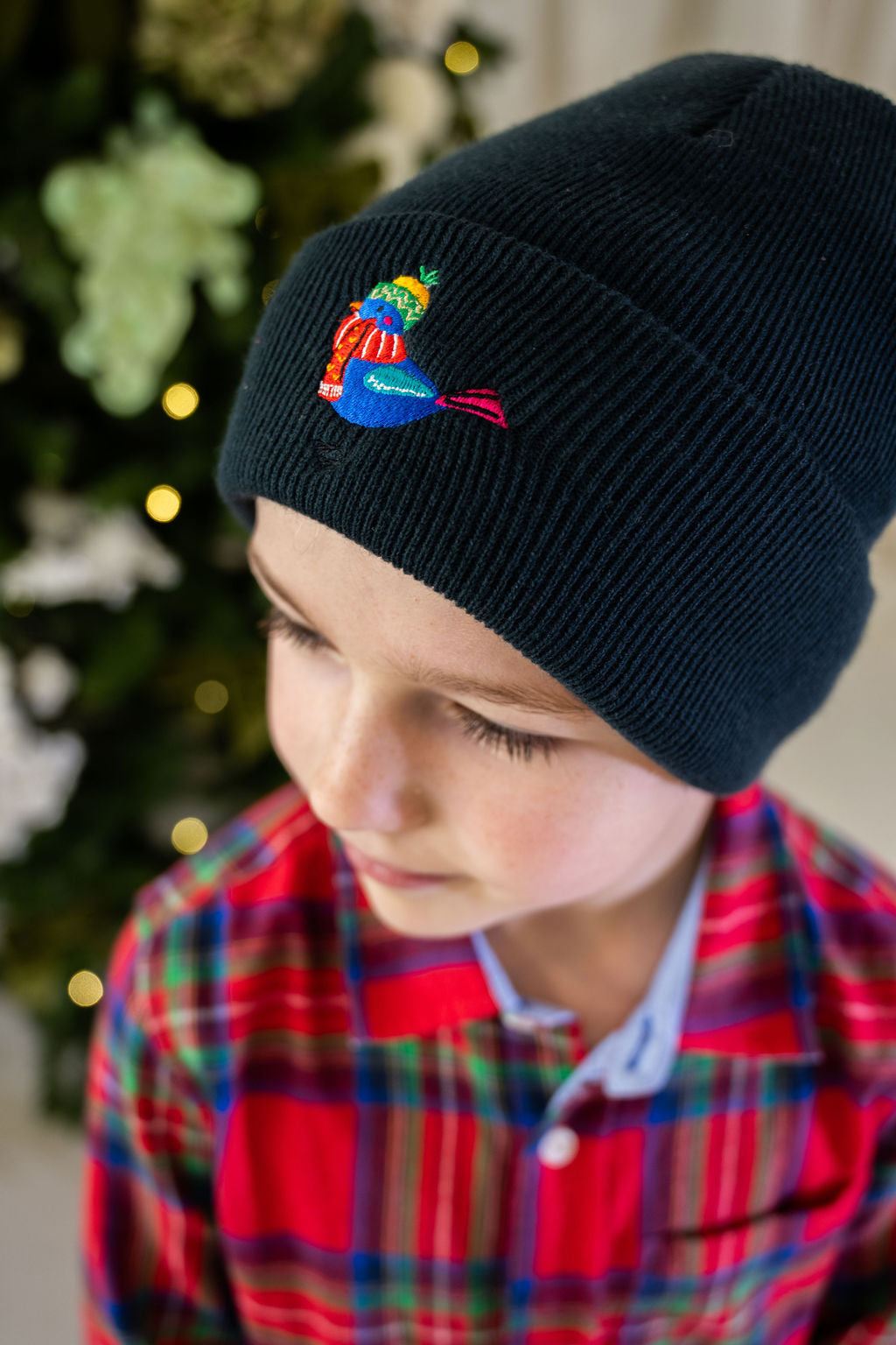 Kids Christmas Bird Embroidered Beanie Hat - Navy