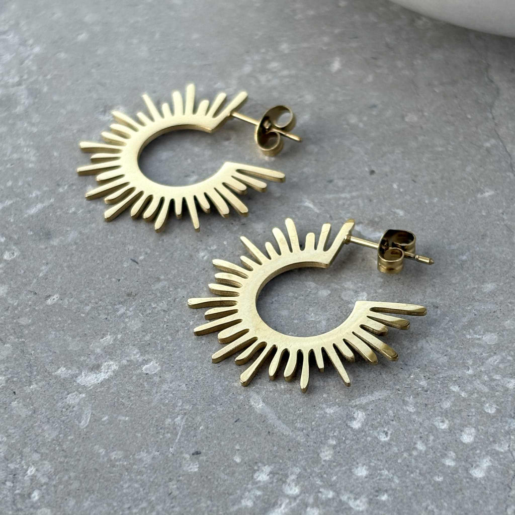 Tarnish Resistant Sunburst Stud Earrings: Gold