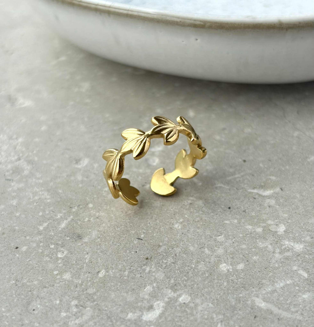 Tarnish Resistant Leaf Open Ring: Gold